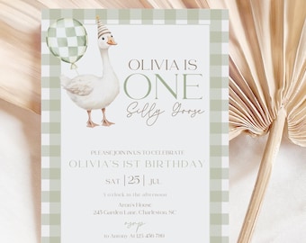 One Silly Goose First Birthday Invitation, Green Gingham Goose Party Invite, 1st Goose Birthday Invite, Editable Template, Digital Download