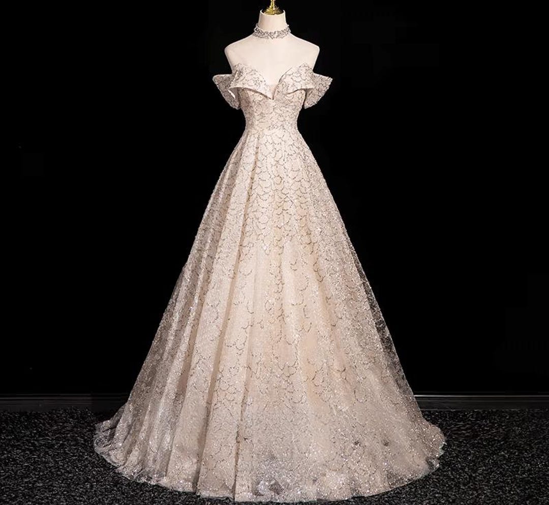 Champagne Off The Shoulder Lace See Through Prom Dress Occasion Dress