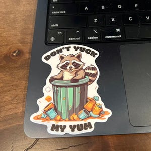 Sticker on black laptop. Sticker pictures cute raccoon in trash can with the words "Don't Yuck My Yum".