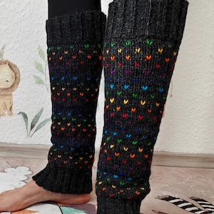 Rainbow Heart&#39;s Women’s Knitted Wool Legwarmers – Fair Isle Leg Warmers – Handmade 100% Wool Legwarmers