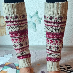 Pink Women’s Knitted Wool Legwarmers – Fair Isle Leg Warmers – Handmade 100% Wool Legwarmers