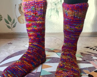 Rainbow Chunky Wool Socks – Striped Long Knitted – Handmade 100% Wool - Sustainable Winter Clothing