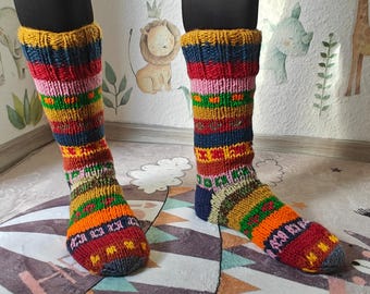 Handmade Wool Socks – Chunky Knit, Multi-Colored Striped, Winter Wear