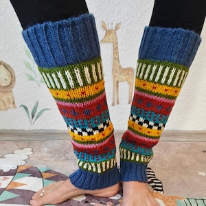 Blue Women’s Knitted Wool Legwarmers – Fair Isle Leg Warmers – Handmade 100% Wool Legwarmers