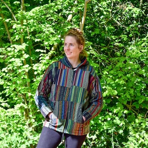 Unisex Patchwork Fleece gefütterte Winterjacke Boho Hippy Zipped Tops Mantel