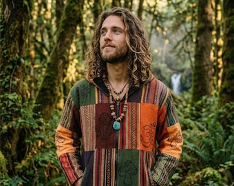 Orange Symbol Patchwork Jacke, Warmer Gheri Baumwolle Hoodie, Unisex Boho Hippie Festival Mantel