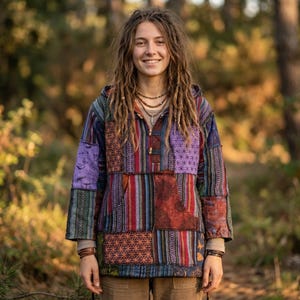 Könnte beinhalten: Eine Patchwork-Jacke mit Kapuze in verschiedenen Mustern und Farben, darunter Lila, Rot und Blau. Die Jacke hat eine Knopfleiste und lange Ärmel. Die Person trägt Halsketten und Armbänder.