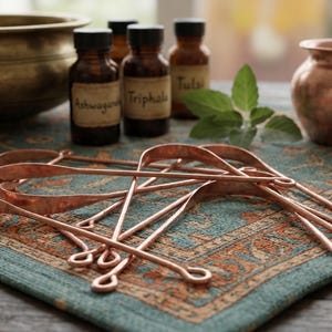 Könnte beinhalten: Eine Auswahl an ayurvedischen Wellness-Artikeln auf einem gemusterten Tuch. Enthält Zungenschaber aus Kupfer, kleine braune Flaschen mit Etiketten, einen Kupfertopf, eine Messingschale, eine gerollte Yogamatte und frische grüne Blätter. Die Flaschen sind mit Kräuternamen beschriftet.