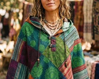 Poncho de patchwork de algodón Gheri, capa larga de elfo con capucha Pixie, abrigo de invierno unisex de mago tribal.