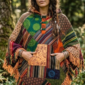 May include: A vibrant patchwork poncho with a hood and fringing. The poncho displays a mix of patterns and colours, including green, orange, red, and blue. It has a front pocket and is worn by a person in a natural environment.
