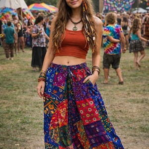 パッチワークのハーレムパンツ（吊り下げポーチ付き） – ユニセックス ボヘミアン マルチカラー アラジン フェスティバルパンツ