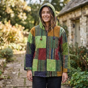 Green Patchwork Boho Jacket, Thick Gheri Cotton Hippie Festival Coat, Unisex Hooded Alt Clothing