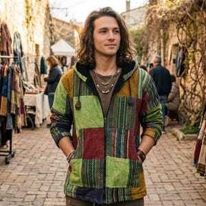 Boho Green Mix Patchwork Jacket Hooded Unisex Stonewashed Cotton Hippie Festival Coat Zip Up