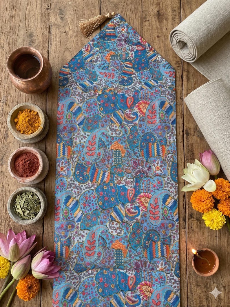 May include: A blue paisley patterned table runner with a decorative tassel. The runner is surrounded by bowls of spices, flowers, and rolled fabric on a wooden surface. The runner's design includes blue, orange, and red accents.