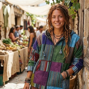 Op de afbeelding: Een kleurrijke patchwork hoodie met een ritssluiting. De jas heeft een mix van blauwe, groene, paarse en rode stoffen. De persoon draagt meerdere armbanden en kettingen. De achtergrond toont een markt met mensen en producten.