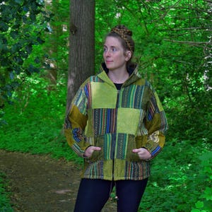 Unisex Grün Patchwork Fleece Gefüttert Winter Jacke Boho Hippy Zipped Tops Mantel
