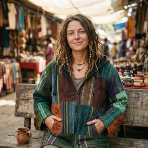 Veste en patchwork de coton délavé à la main Symbol - Manteau unisexe à capuche bohème