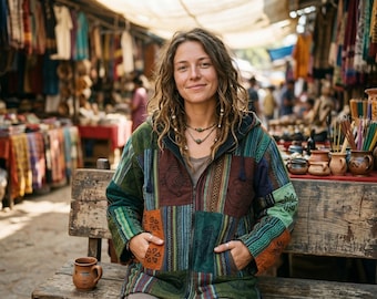 Grüne Symbol Patchwork Jacke, Warmer Gheri Baumwolle Hoodie, Unisex Boho Hippie Festival Mantel
