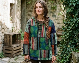 Green Patchwork Boho Jacket, Thick Gheri Cotton Hippie Festival Coat, Unisex Hooded Lightweight Outerwear