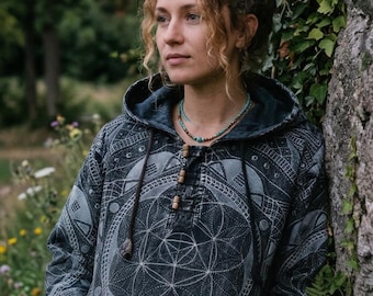 Mandala Patchwork Hoodie, Warme Fleece Gefütterte Baumwolljacke, Unisex Boho Hippie Festival Oberbekleidung
