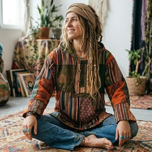 May include: A colourful patchwork hoodie in shades of orange, green, and blue, with a hood and a half-zip. The hoodie is worn with blue jeans and a woven headband. The person is sitting cross-legged on a patterned rug.
