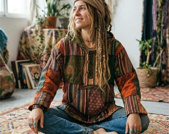 Orange Patchwork Boho Jacket, Thick Gheri Cotton Hippie Festival Coat, Unisex Hooded Lightweight Outerwear