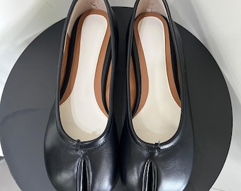 Handmade Black Leather Tabi Flats | Vintage Split Toe Ballet Shoes | Wedding Shoes | Gift for her