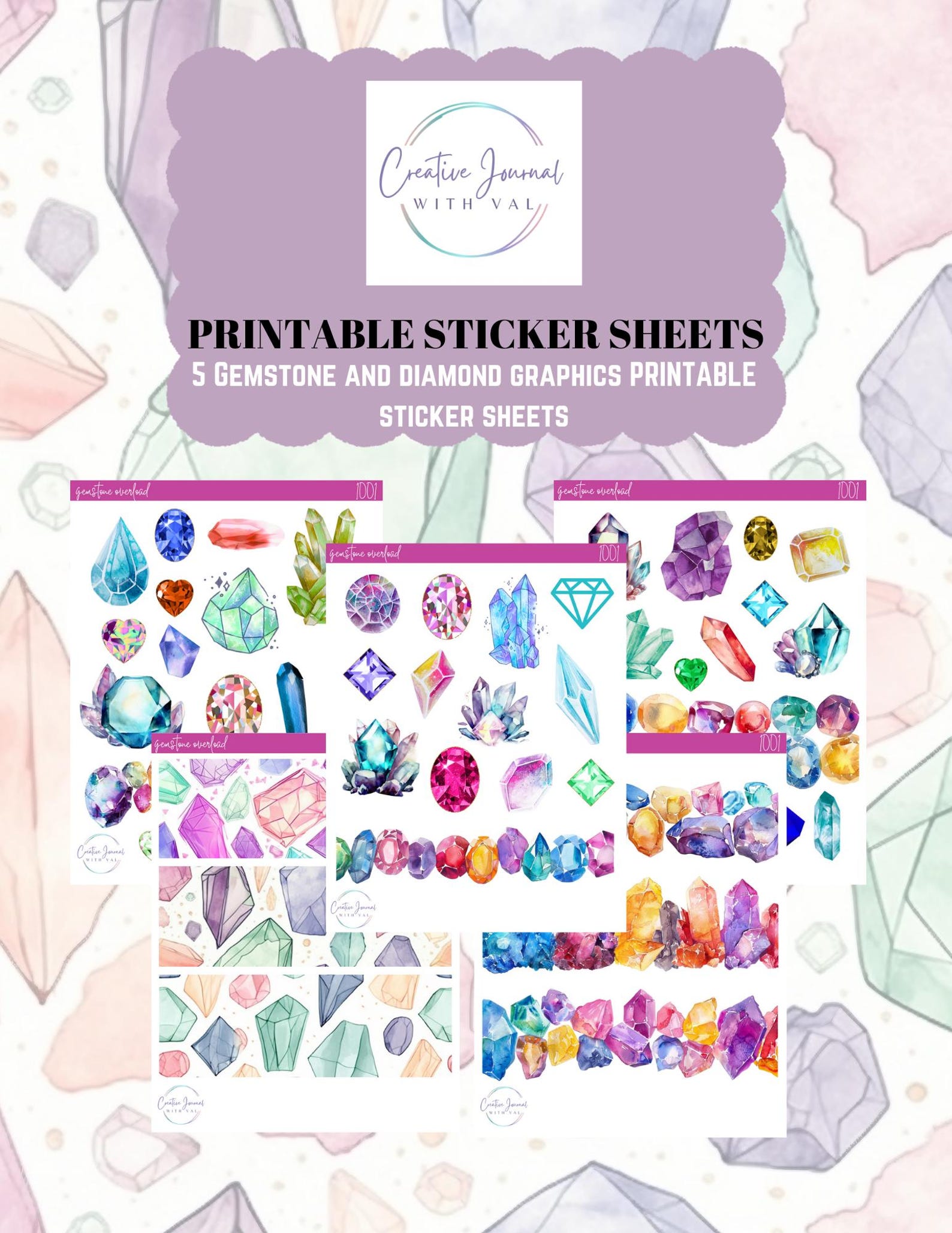 Gem Collection Sticker Printable Gems Sticker Sheet | File Download | Gems and Diamond Sticker ...
