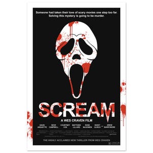 Scream 1996 Illustrated Poster | Version: Black | Ghostface Slasher Art Print | Horror Movie Decor