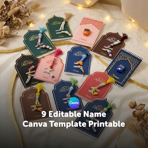 May include: A collection of nine printable name templates in various colors, including green, pink, and blue. Each card features Arabic calligraphy and a space for a name, accompanied by a beaded tassel. The text "9 Editable Name Canva Template Printable" is also visible.