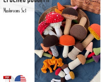 Mushrooms set crochet pattern. Amigurumi mushrooms