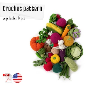 Vagatables set 17 in 1 crochet pattern. Crochet vegetables pattern. Amigurumi vegetables pattern