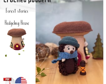 Hedgehog crochet patterm. Crochet mushroom house. Crochet hedgehog pattern. Crochet animals pattern. Forest stories Hedgehog House