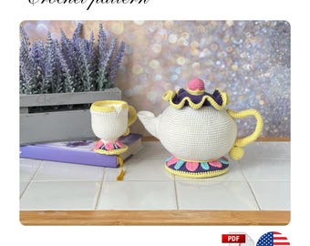 Crochet teapot and cup pattern. Crochet food pattern. Amigurumi toys pattern