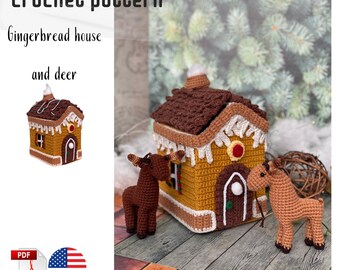 Gingerbread house and deer crochet pattern. Christmas crochet pattern. Deer crochet pattern. Amigurumi pattern