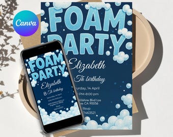 foam party invitation, foam party invite, customizable digital template, bubble birthday card, instant download