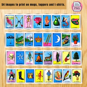 May include: A set of 54 images, each on a white background, designed for printing on mugs, toppers, and t-shirts. The illustrations include a fish, crossed arrows, a skeleton, a rose, a hand, a pear, a mermaid, and a watermelon. Text at the top reads "54 images to print on mugs, toppers and t-shirts."