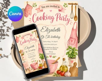 cooking party invite, cooking birthday card, kitchen themed party invitation, EDITABLE cooking party template, instant download