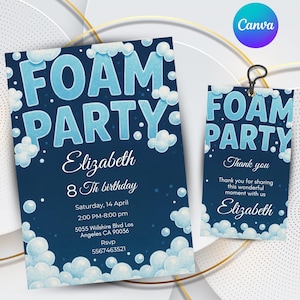 Invitación a fiesta de espuma, plantilla digital personalizable, tarjeta de cumpleaños de burbujas, descarga instantánea