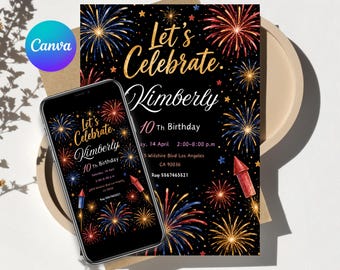firework birthday invitation editable fireworks birthday card customizable in canva firecracker party invitation card download and print