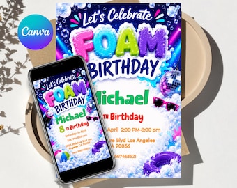 foam party invitation, foam party invite, customizable digital template, bubble birthday card, instant download