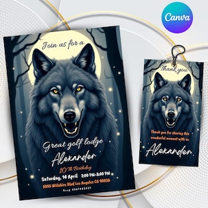 convite para festa de aniversário de lobo, convite para aniversário de lobo, convite de aniversário com tema de lobo, cartão de aniversário personalizável, convite para menino
