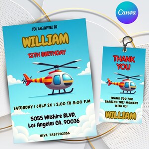 Invitación de cumpleaños de helicóptero, tarjeta de cumpleaños de helicóptero personalizable, invitación editable para tarjeta de celebración de fiesta con temática de helicóptero