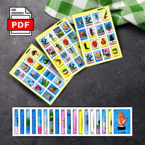 Pode incluir: Três cartões retangulares amarelos com imagens coloridas e os números 1, 2 e 3. Abaixo, cartões retangulares com imagens verticais e o texto "LA MANO". Um ícone PDF está no canto superior esquerdo.