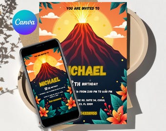 volcano birthday party volcano birthday invite Volcanic eruption invitation for a boy birthday Customizable birthday card on canva