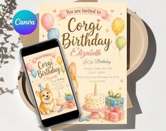 Watercolor Corgi Birthday Invitation: Dog Party Card (Digital Download)