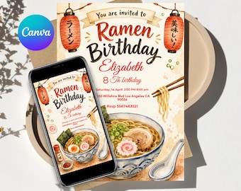 ramen party invitation, japanese invitation, birthday card for ramen lovers, customizable invite for ramen restaurant, printable template