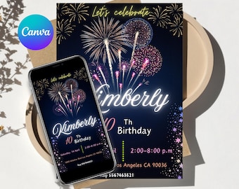 firework birthday invitation editable fireworks birthday card customizable in canva firecracker party invitation card download and print