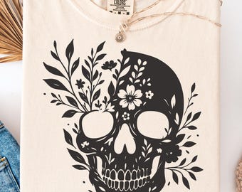 Comfort Colors Floral Skull Halloween Tee, Boho Spooky Shirt