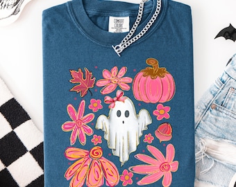 Halloween Cute Ghost Comfort Colors® Shirt, Pink Floral Ghost Shirt, Cute Fall Shirt, Girly Spooky Season Tee, Pink Bow Ghost Shirt
